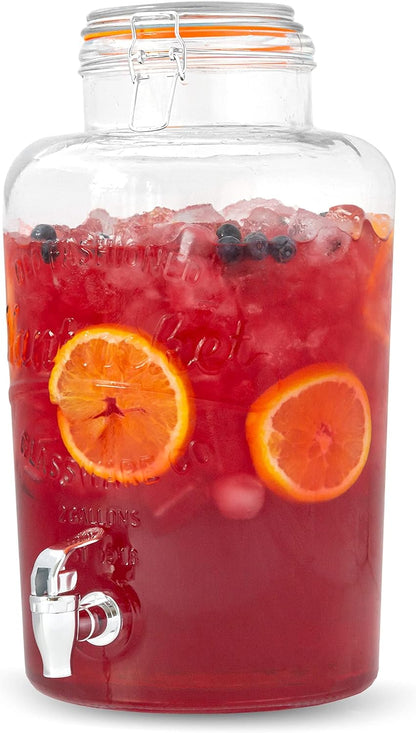 Ilyapa 2 Gallon Glass Beverage Dispenser, Metal Base, Stainless Steel Spigot & Hanging Chalkboard - for Lemonade, Tea, Cold Water & More