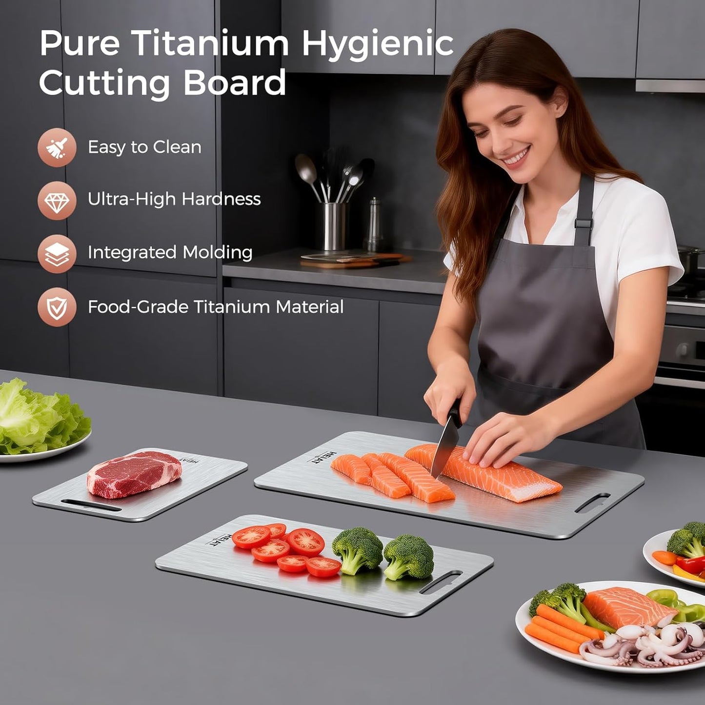 Titanium Cutting Board Set of 3, 100% Pure Titanium Cutting Boards for Kitchen, Non-Toxic, Double-Sided Chopping Boards for Raw & Cooked Food, Handles Included, Dishwasher Safe(S+M+L)