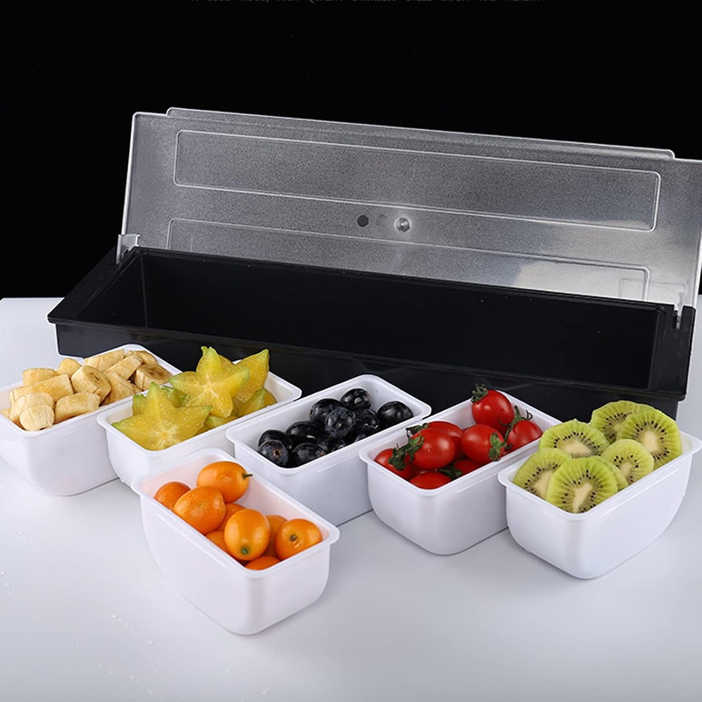 Fruit Veggie Condiment Caddy with Lid, 3 Compartment Plastic Dispenser Tray for Catering Dips Toppings, Serving Taco, Ice Cream, Fruit, & Salad Bar Garnish Organizer for Restaurant Supplies