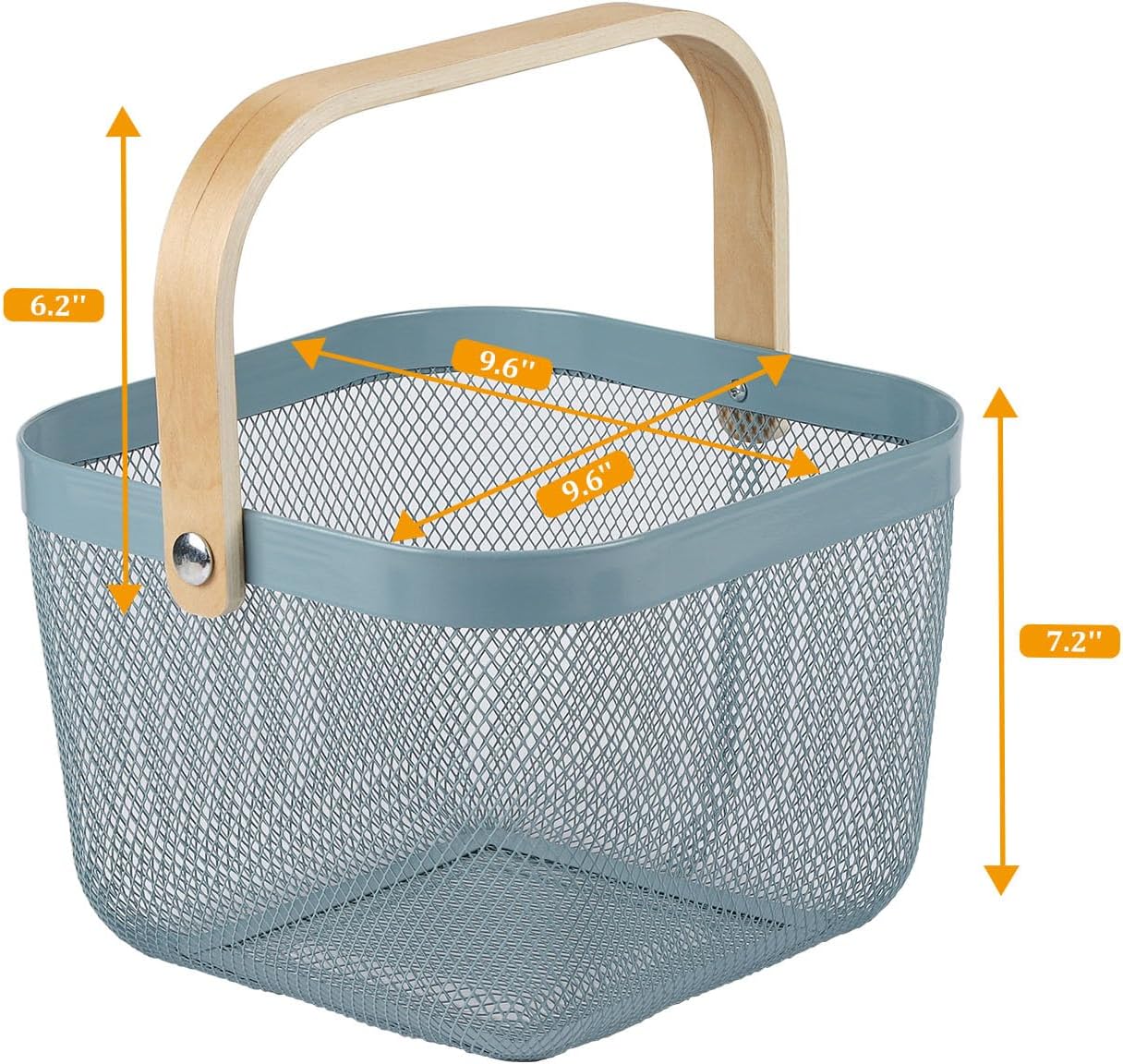Coloful Metal Mesh Wire Basket with Foldable Wooden Handle,Bin Garden Fruit Vegetable Storage Hanging Harvest Holder for Kitchen Bathroom Picnic (Yellowish Green, Cuboid-15.7 x 9.5 x 7.2“)