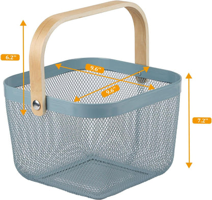 Coloful Metal Mesh Wire Basket with Foldable Wooden Handle,Bin Garden Fruit Vegetable Storage Hanging Harvest Holder for Kitchen Bathroom Picnic (Yellowish Green, Cuboid-15.7 x 9.5 x 7.2“)