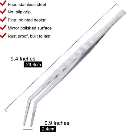 MSY BIGSUNNY Professional Chef Kitchen Cooking Precision Tweezers Culinary Curved Tip Tongs for Baking Decorating (1, 9.5")