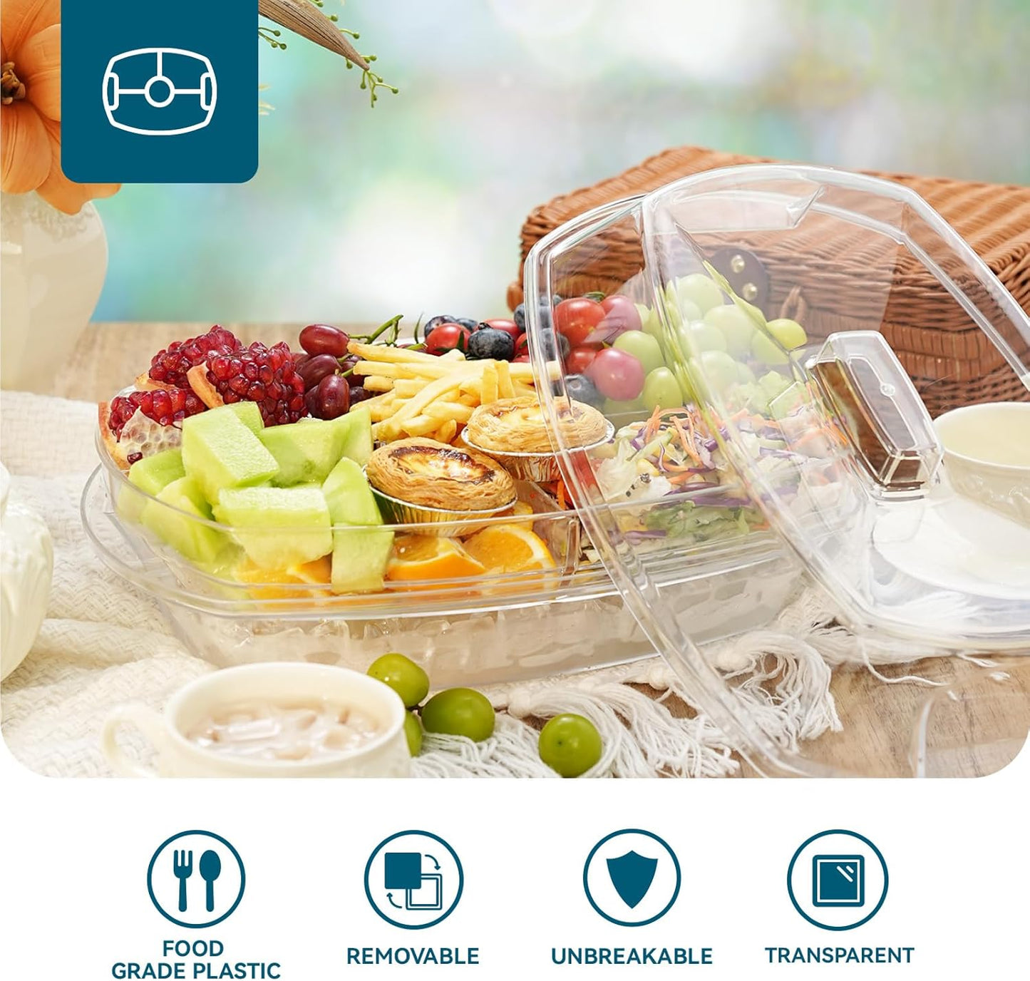 Luckore Chilled Ice Serving Tray, 15.1" Ice Chilled Party Platter, 3 Layers Veggie Platter with Lid, Stackable Appetizer Party with 4 Compartments for Shrimp, Fruits, Veggies