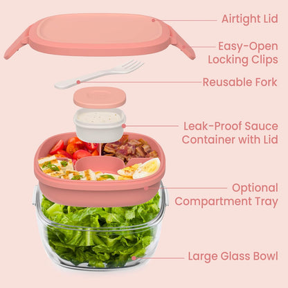 Bentgo Glass Salad Container - 7.6-Cup Salad Bowl with Airtight Lid, Leak-Proof Sauce Container, 4-Compartment Bento Tray & Reusable Fork - BPA-Free for Meal Prep, Office & More (Light Blue)