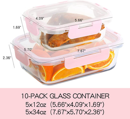 UMEIED 10 Pack Glass Food Storage Containers with Lids, Leakproof Airtight Glass Meal Prep Containers For Lunch, On The Go, Leftover, Dishwasher Safe