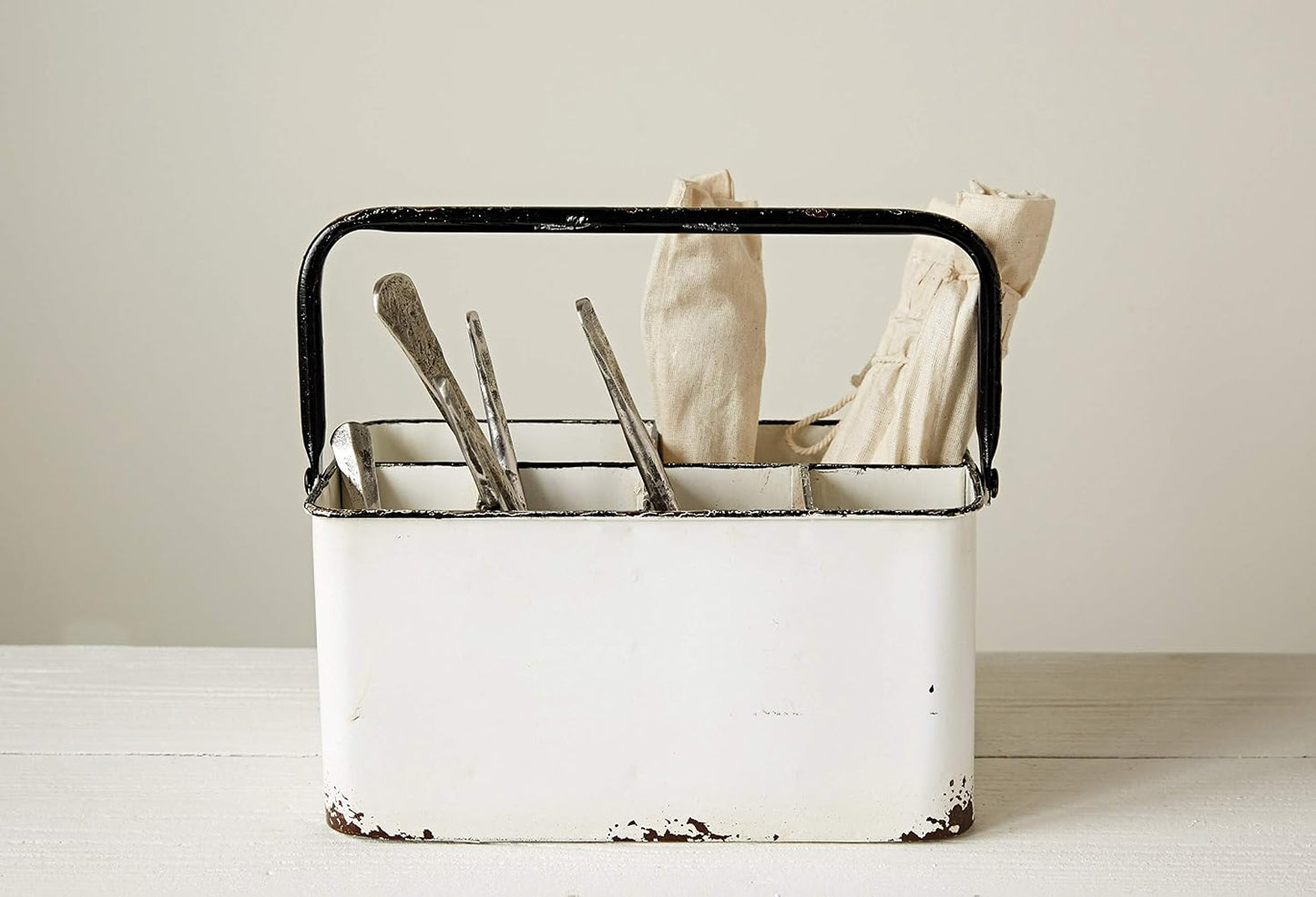 Creative Co-Op Farmhouse Metal Storage Caddy with 6 Compartments and Handle, Distressed Blue and White