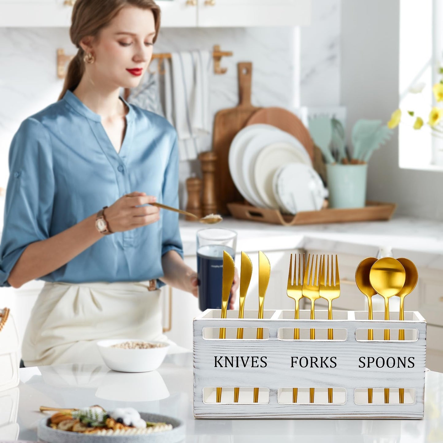 Wooden Silverware Cutlery Holder White Flatware Caddy Small Kitchen Utensil Holders for Party Wood Silverware Organizer Storage for Table Countertop Spoon and Fork Holder Utensils Caddy Basket