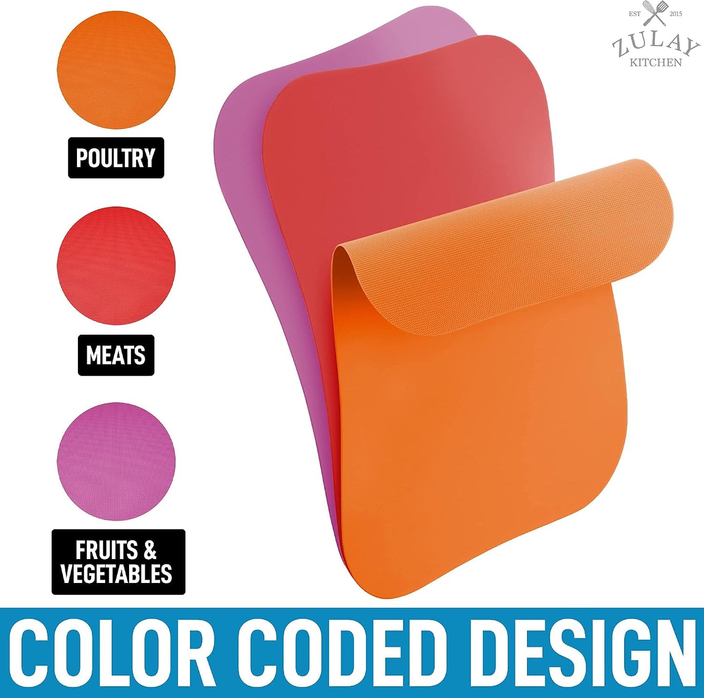 Zulay Kitchen Non-Slip Flexible Cutting Board Set - Dishwasher Friendly Cutting Mats For Cooking - Thick & Durable Flexible Cutting Mats - Non-Porous Cutting Board Mat Set of 3