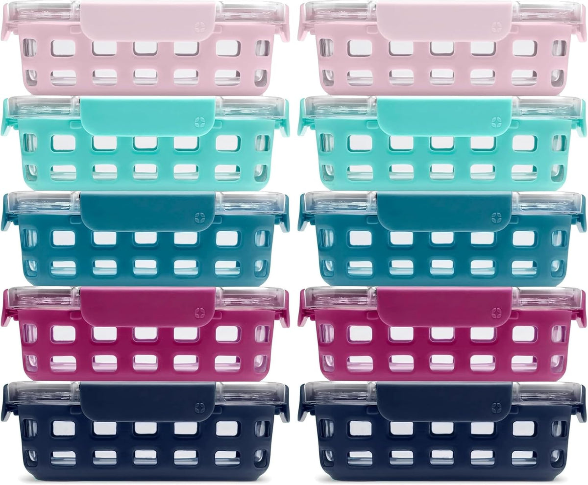 Ello Duraglass 3.4 Cup Meal Prep 10Pc,Set,Glass Food Storage Container with Silicone Sleeve and Airtight BPA-Free Plastic Lids,Dishwasher,Microwave & Freezer Safe,Evening Orchard,5 Count (Pack of 2)