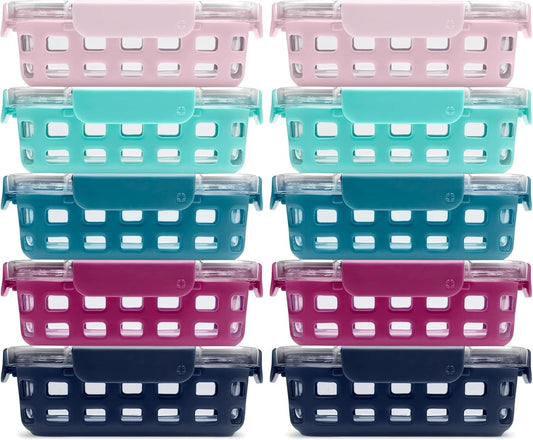 Ello Duraglass 3.4 Cup Meal Prep 10Pc,Set,Glass Food Storage Container with Silicone Sleeve and Airtight BPA-Free Plastic Lids,Dishwasher,Microwave & Freezer Safe,Evening Orchard,5 Count (Pack of 2)