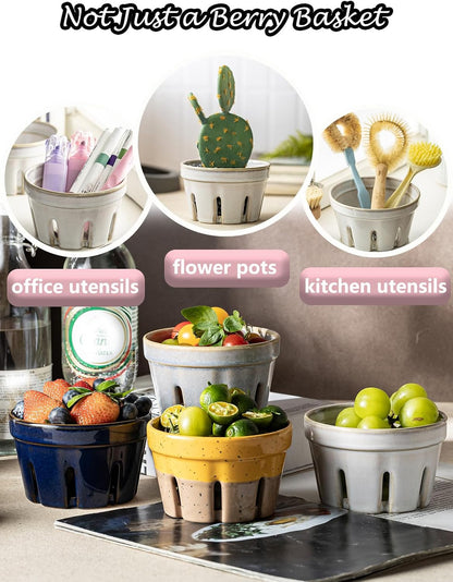 Gomakren Berry Bowls with Holes Ceramic, Berry Washing Bowl Basket Set of 2, 5.8 Inch Round Fruit Bowl Storage Containers, Strawberry Baskets, Farmhouse Kitchen Decor, Yellow + Brown