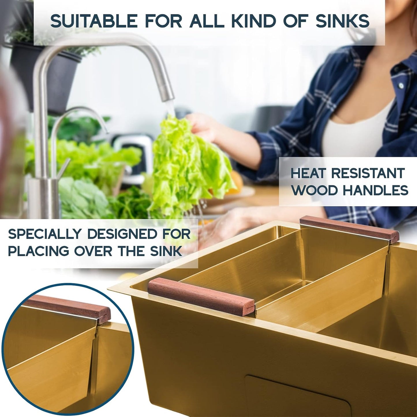 Strictly Sinks Gold Stainless Steel Colander - Premium Quality Over the Sink Colander with Non-Slip Handles, Sink Colander for Kitchen Sink to Rinse Fruits & Vegetables(17-3/8" x 8-1/8" x 4-3/4")