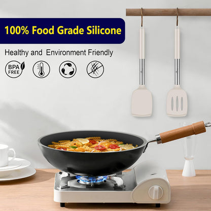 HOTEC Silicone Spatula Set of 2 Heat-Resistant 600°F & BPA-Free Kitchen SaptulaTurner with Stainless Steel Handles, Slotted & Solid Spatulas for Nonstick Cookware, 13.7 Inch, Classic Blue