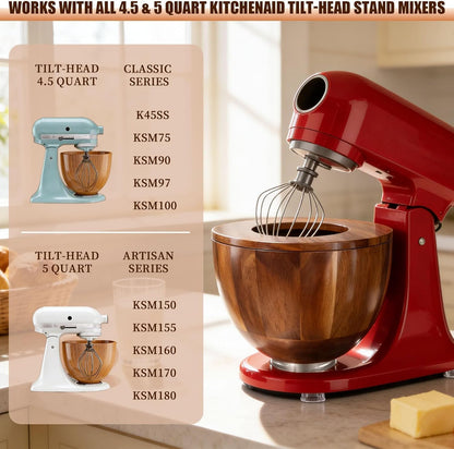 LOVIVO Premium Acacia Wood 5 Quart Mixing Bowl with Splash-Proof Lid, Compatible with KitchenAid 4.5-5 Qt Tilt-Head Stand Mixers, Wooden Bowl for Stand Mixer with Stainless Steel Locking Base