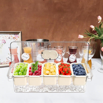 Jucoan Large Ice Chilled Condiment Server with Lid, 5 Compartment Chilled Condiment Caddy, Taco Bar Serving Tray, Garnish Holder Tray for Bartenders Mimosa Salad Soda Bar Supplies, 2 Tongs, 5 Forks