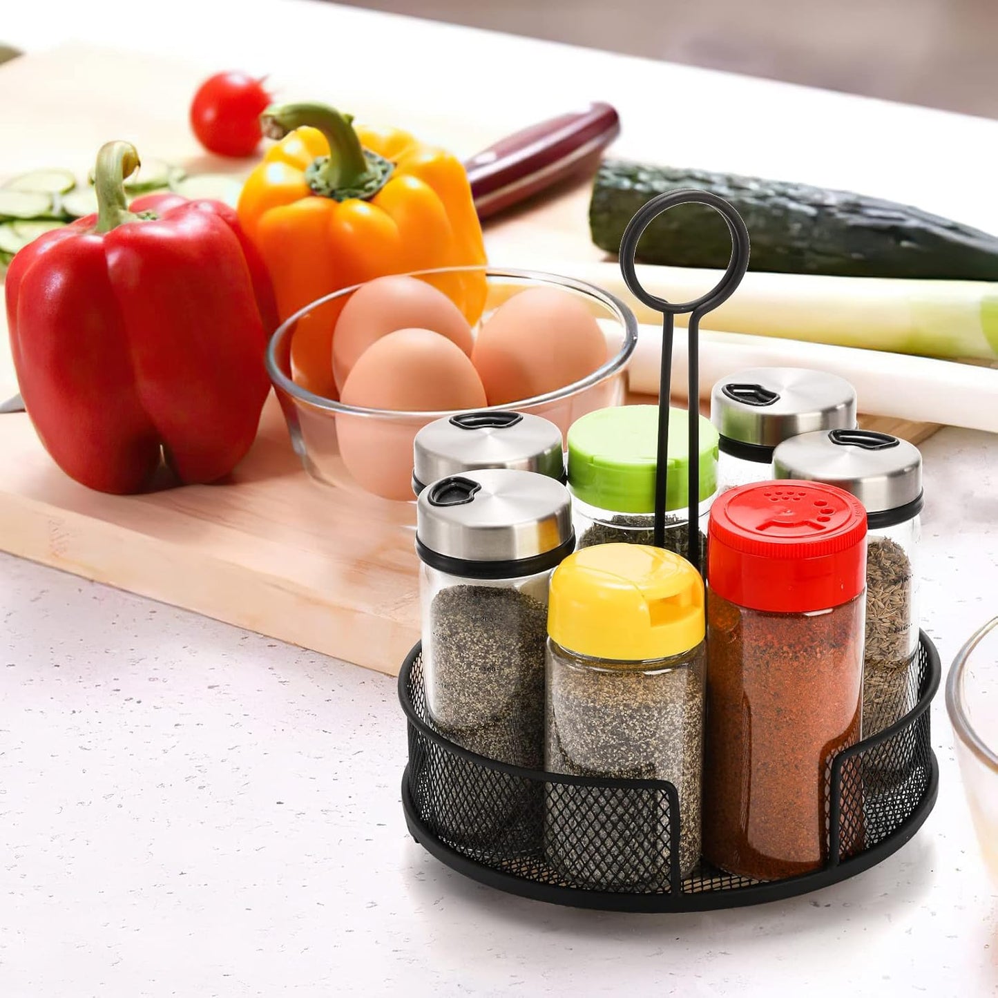 Yesland 2 Pack Metal Rotating Condiment Caddy with Number Card Holder, 7.75 Inch Round Table Caddy with Wooden Base Black Coated Table Caddies Collection for Salt Pepper Ketchup Hot Sauce Mustard
