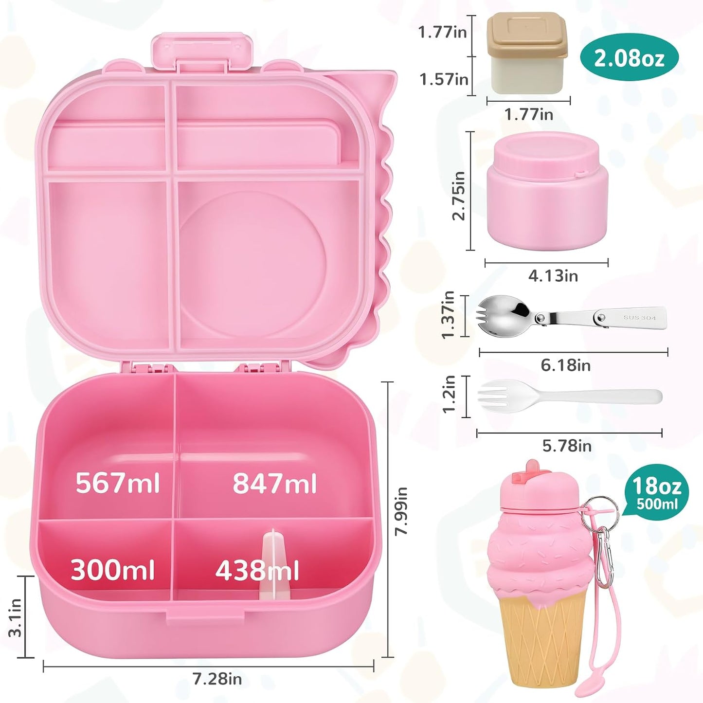 Lunch Box Kids, Leak Proof 5 Compartment Bento Box for Kids, 13oz Thermo for Hot Food Kids Lunch Box,Hot Lunch Box for School Travel