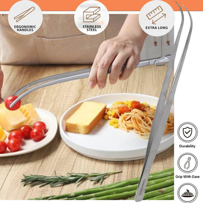 6 Inch Professional Culinary Stainless Steel Precision Tongs with Serrated Tips, Plating/Food Presentation Detailing Serving Tongs, Chef's Kitchen Tweezer Tongs - Ultra Non-Slip Grip