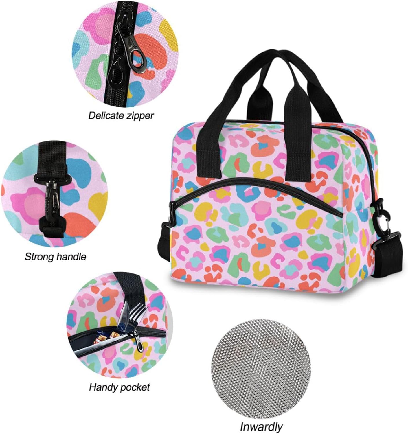Colorful Leopard Insulated Lunch Bag Rainbow Animals Skin Print Reusable Cooler Lunch Tote Box with Shoulder Strap for Work Picnic School Beach