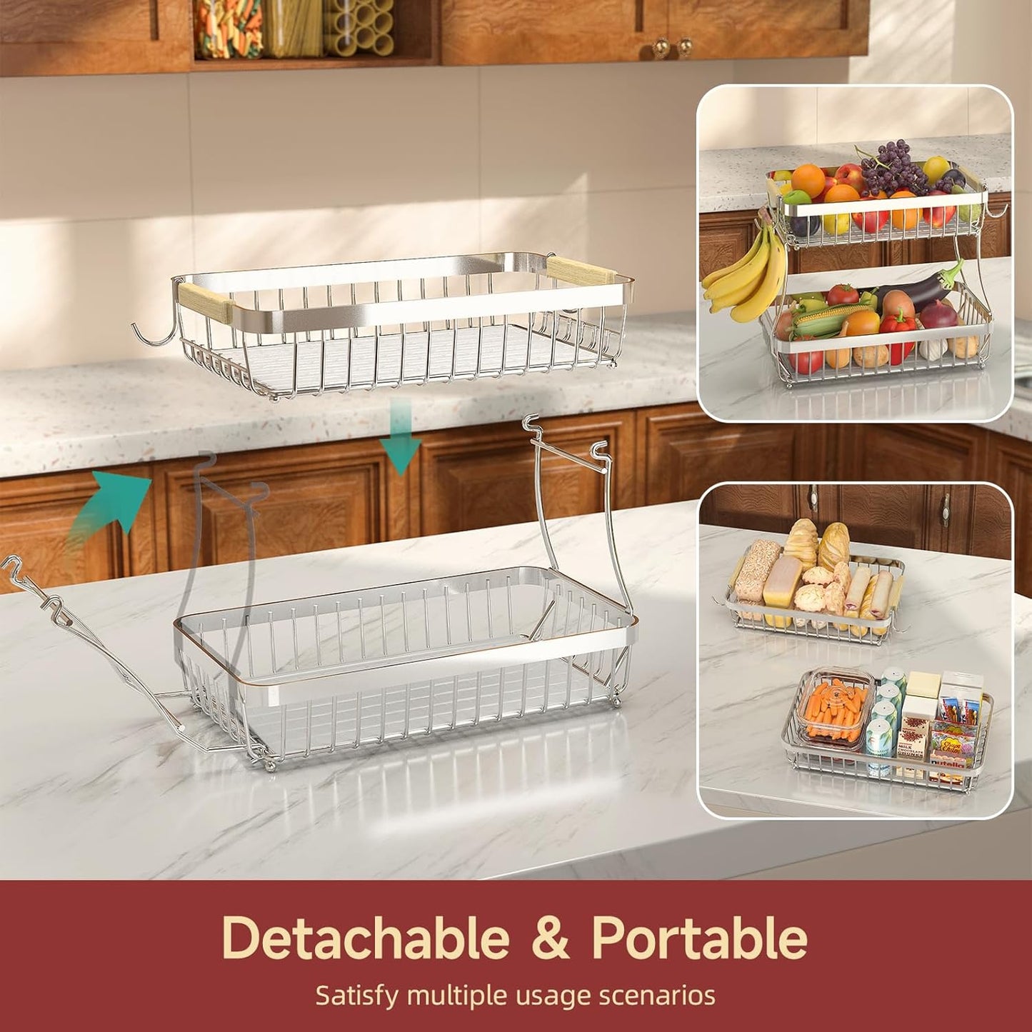 Sevenblue 2 Tier Large Fruit Basket for Kitchen Counter with 2 Mobile Banana Hangers, 2026 Pro Detachable Metal Fruit Bowl with Wooden Handle, Fruit Holder for Bread Snack Veggies with Protective Mats
