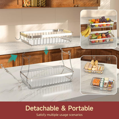 Sevenblue 2 Tier Large Fruit Basket for Kitchen Counter with 2 Mobile Banana Hangers, 2026 Pro Detachable Metal Fruit Bowl with Wooden Handle, Fruit Holder for Bread Snack Veggies with Protective Mats