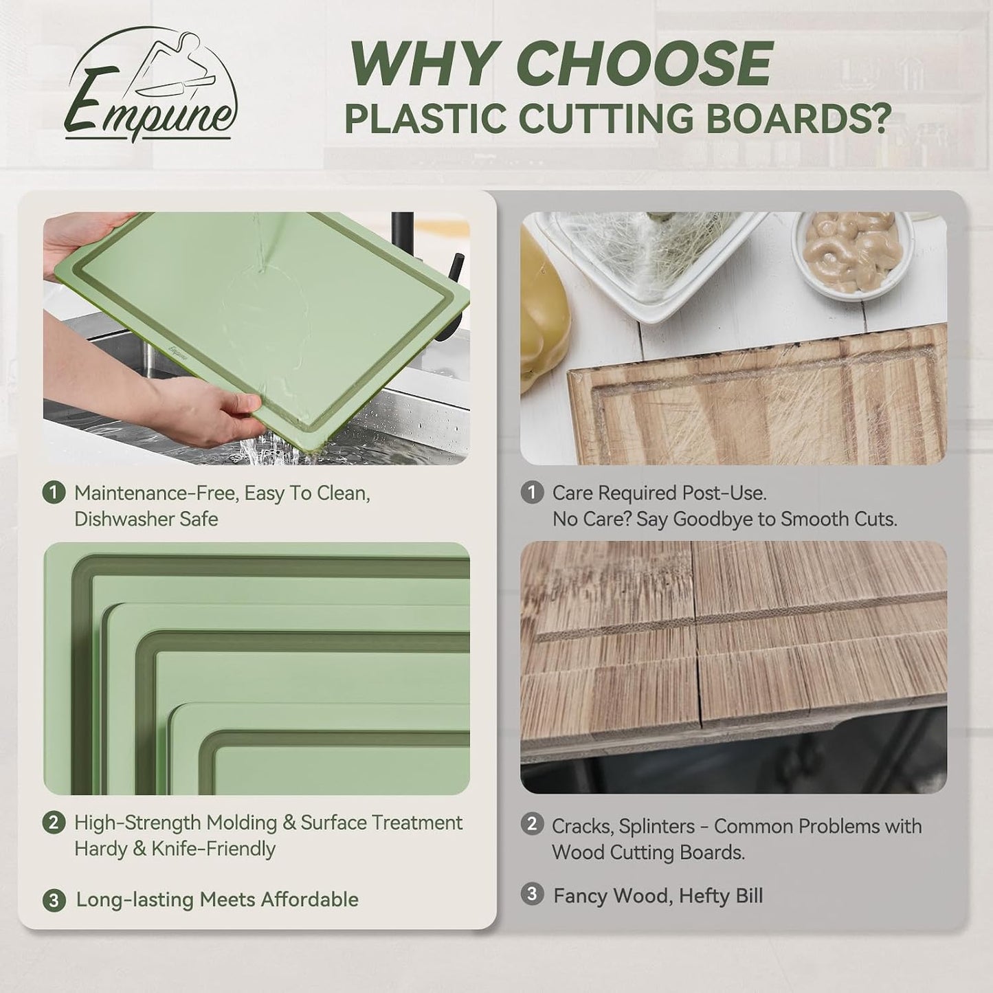 Empune Plastic Cutting Board Set, Recycled Plastic Cutting Boards for Kitchen (Set of 3), Dishwasher Safe Large Chopping Board with Holder, Non-slip Feet and Juice Grooves, Nonporous, Grey