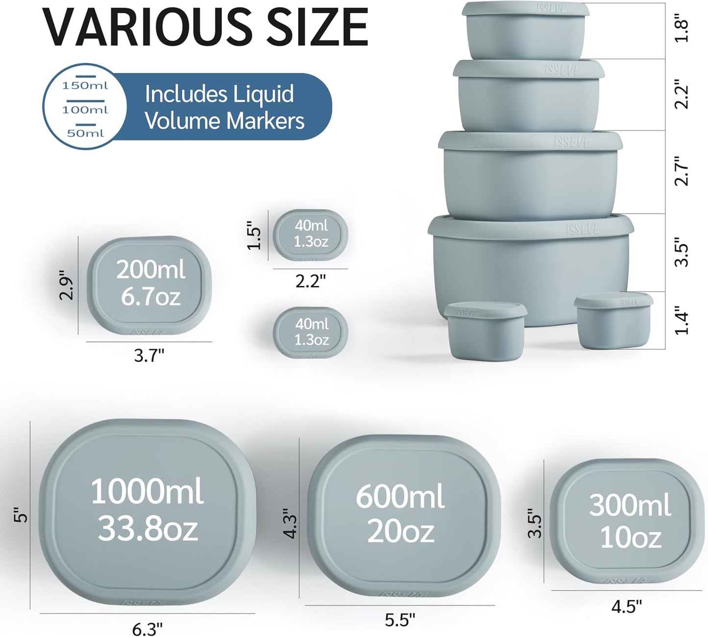 ISSEVE 6Pcs/Set Nesting Silicone Food Storage Containers with Lids, BPA Free Reusable Meal Prep Silicone Containers Lunch Box Bento Box Set (33.8oz, 20oz, 10oz, 6.7oz, 1.3oz) (Purple)