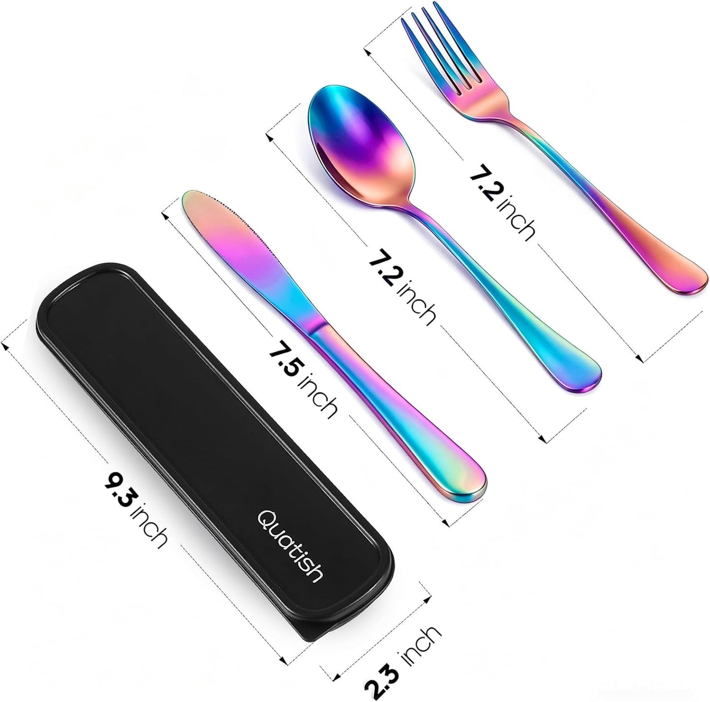 Travel Utensils with Case, Quatish 4 Piece Stainless Steel Silverware Set for Work, Portable Reusable Travel Cutlery Set, Fork and Spoon Set for Picnic, Camping, Gadgets, Lunch Box for Men, Rainbow