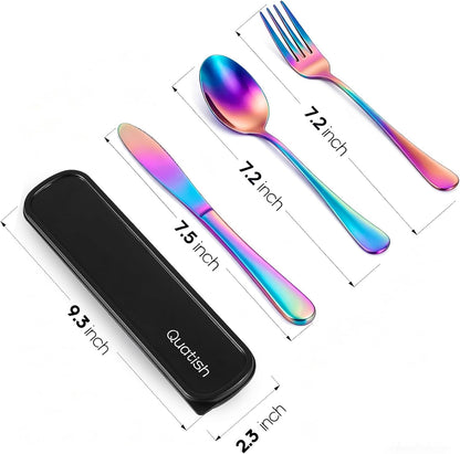 Travel Utensils with Case, Quatish 4 Piece Stainless Steel Silverware Set for Work, Portable Reusable Travel Cutlery Set, Fork and Spoon Set for Picnic, Camping, Gadgets, Lunch Box for Men, Rainbow