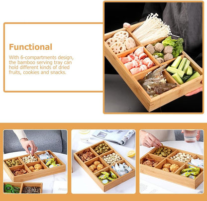 Cabilock Divided Serving Dishes Snacks Tray: Bamboo Tray Chip and Dip Platter Divided Serving Platter for Chips and Dip Veggies Candy and Snacks