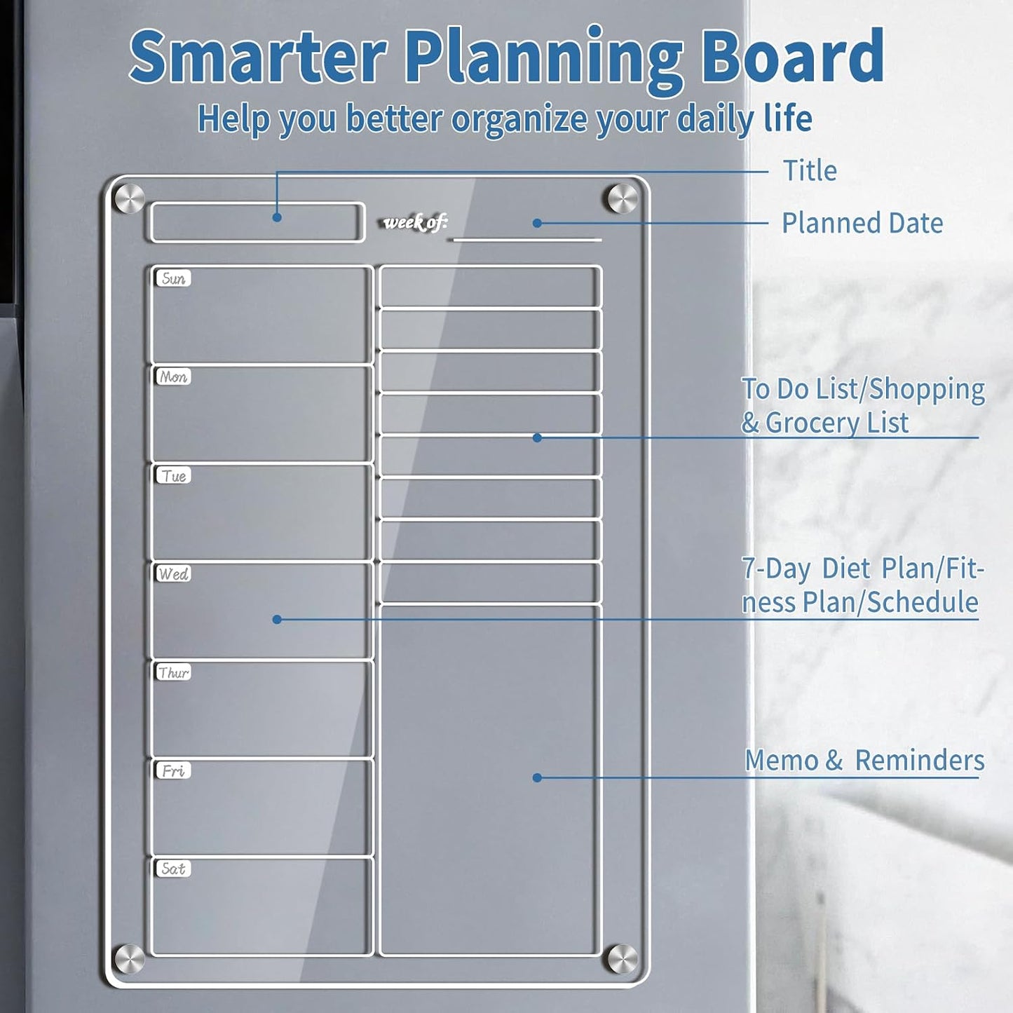 Acrylic Magnetic Meal Planner 8"x12", Magnetic Refrigerator Dry Erase Board Weekly Meal Planner for Fridge, to-Do Shopping List Chore Chart (Weekly)