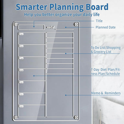 Acrylic Magnetic Meal Planner 8"x12", Magnetic Refrigerator Dry Erase Board Weekly Meal Planner for Fridge, to-Do Shopping List Chore Chart (Weekly)