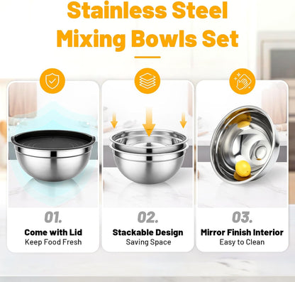 Beasea Stainless Steel Mixing Bowls, 5 Pack 1.5 QT Stackable Nesting Mixing Bowls with Airtight Lids, Metal Bowl with Lid for Baking, Meal Prepping, Salad, Serving, Food Storing