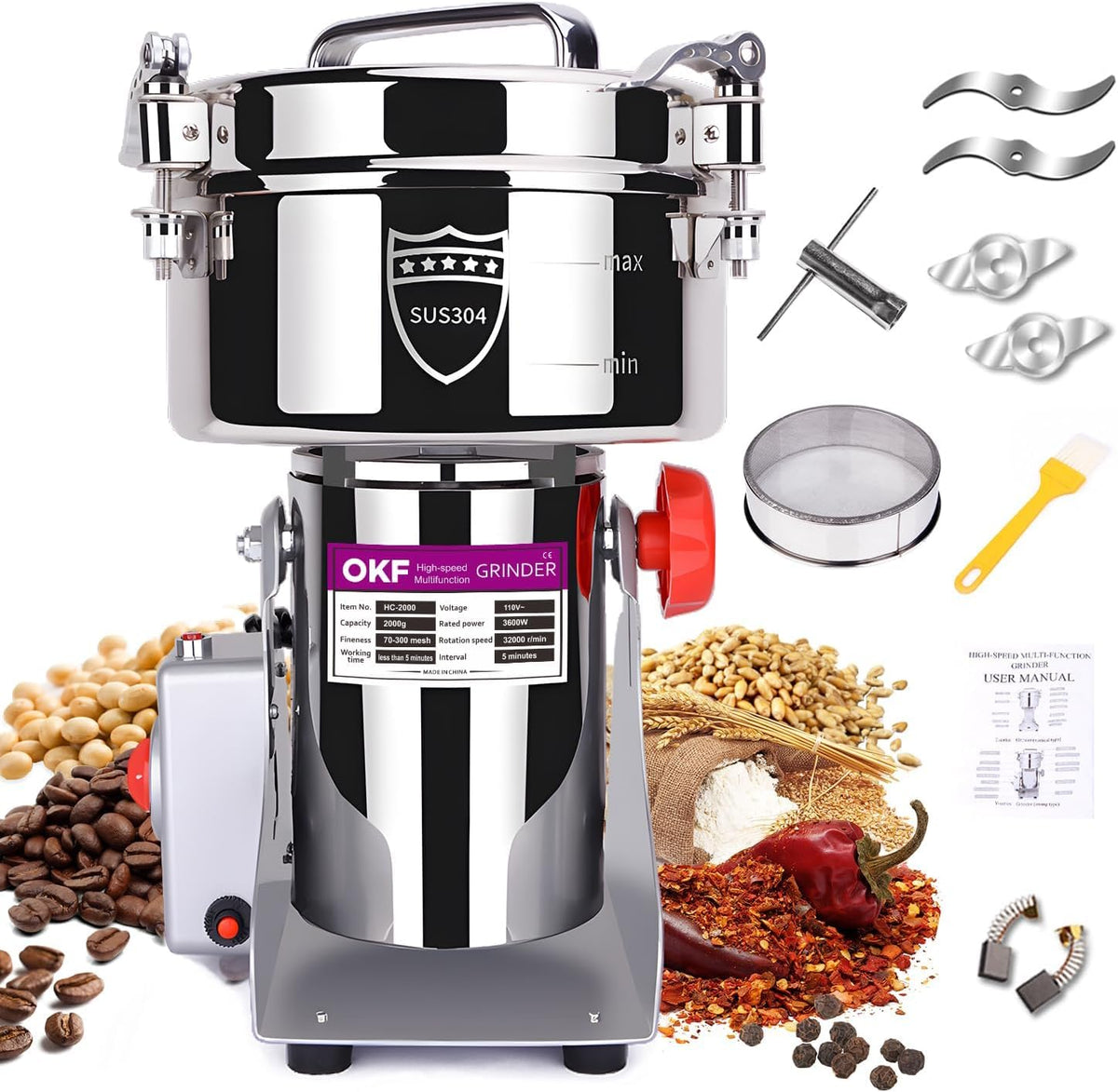 150g Grain Mill, 304 Stainless Steel Spice Grinder, 1500W High-speed Commercial Flour Mill, Superfine Flour Mill Grinder for Home, Grain Mill for Flour