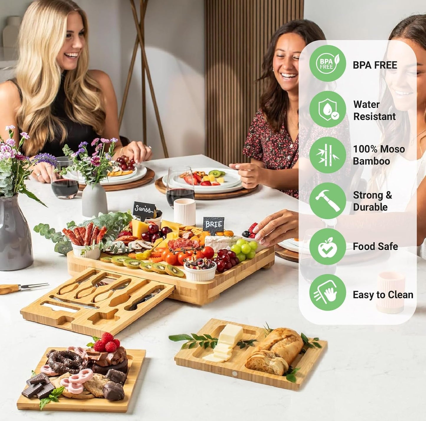 Custom 4-Drawer Bamboo Cheese Board with Utensils Set, Personalized Charcuterie Boards Gift Set, for Kitchen & Entertaining,Wedding,Bridal Shower,Birthday Gift,Housewarming Gift