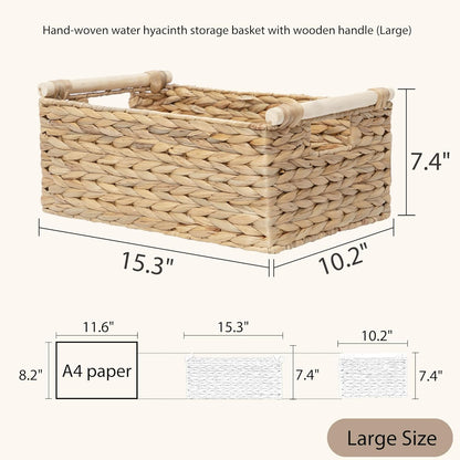 Water Hyacinth Wicker Storage Basket, Rectangular Handwoven Shelf Organizer with Wooden Handles for Pantry & Closet (Medium)