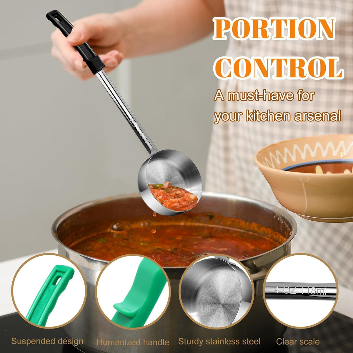4 Stainless Steel Portion Ladles 2 to 8 oz