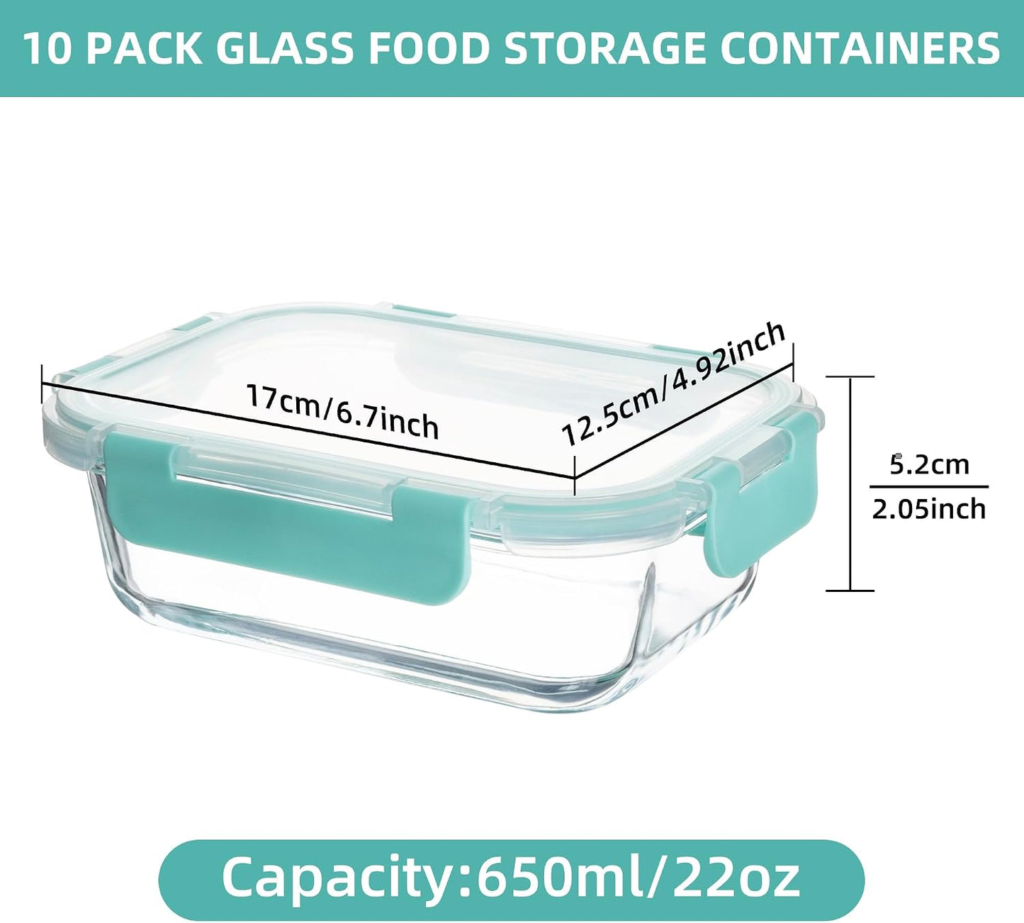 10 Pack 22 oz Glass Meal Prep Containers, Food Storage Containers with Lids, Airtight Leakproof Lunch Containers for Kitchen, Freezer, Microwave, Dishwasher Safe (Grey)
