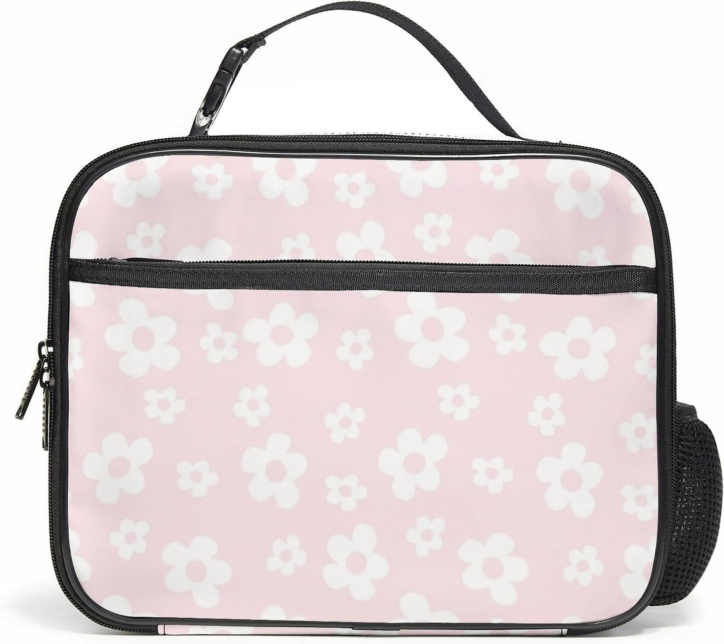 Large Lunch Box for Girls Insulated Lunch Bag with Water Bottle Holder Front Zipper Pocket Leakproof Waterproof Reusable Lunch Tote Bag for Work Picnic Camping Back to School (pink floral)
