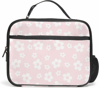 Large Lunch Box for Girls Insulated Lunch Bag with Water Bottle Holder Front Zipper Pocket Leakproof Waterproof Reusable Lunch Tote Bag for Work Picnic Camping Back to School (pink floral)