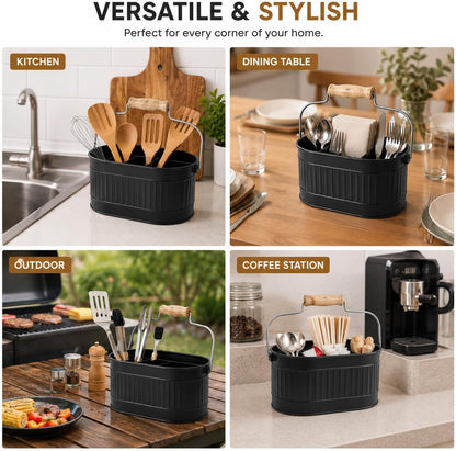Alpha Living Home Galvanized Metal Utensil Caddy - Rustic Farmhouse Organizer Metal Garden Caddy with 4 Compartments and Wooden Handle for Kitchen, Buffet & Outdoor Events (Silver)