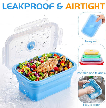 Mifoci Set of 8 Silicone Collapsible Bowls for Camping with Vent Lid Silicone Storage Containers for Food Meal Preparation Square Bowl Microwave Freezer Dishwasher Safe(Blue,17 Oz/ 500 ml)