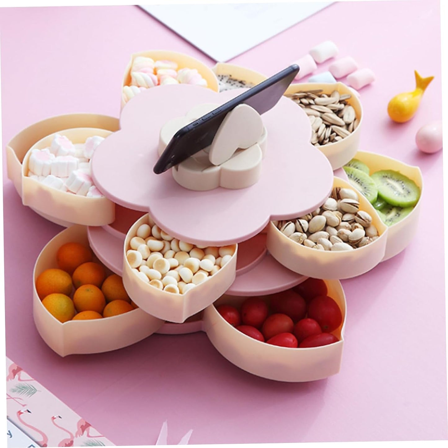 Snack Spinner, Divided Serving Tray - Flower Shape Rotating Snack Container with Lid & Phone Holder Multi-Compartment Snackle Box for Candy, Fruits, Nut, Rotating Container