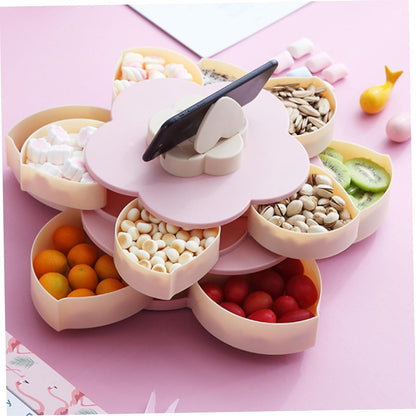 Snack Spinner, Divided Serving Tray - Flower Shape Rotating Snack Container with Lid & Phone Holder Multi-Compartment Snackle Box for Candy, Fruits, Nut, Rotating Container