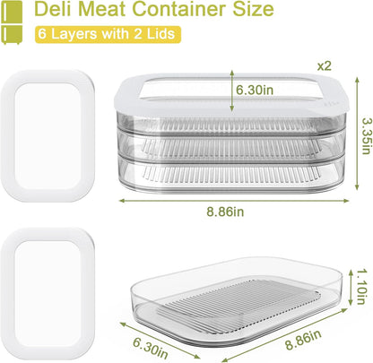 Cecnamt Stackable Deli Meat Container with Drainage Groove and Silicone Lid, Clear Refrigerator Storage Containers for Lunch Meats, Cold Cuts, Bacon, Cheese, BPA Free - 3 Layer