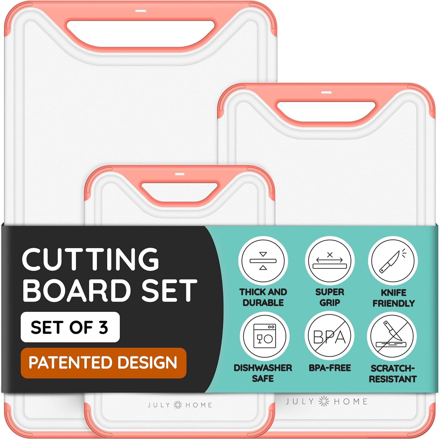 Cutting Boards for Kitchen, Plastic Cutting Board Set of 3, Dishwasher Safe Cutting Boards with Juice Grooves for Meat, Veggies, Fruits, Easy Grip Handle, Non-Slip (Black/Gray)