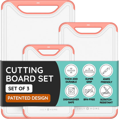 Cutting Boards for Kitchen, Plastic Cutting Board Set of 3, Dishwasher Safe Cutting Boards with Juice Grooves for Meat, Veggies, Fruits, Easy Grip Handle, Non-Slip (Black/Gray)
