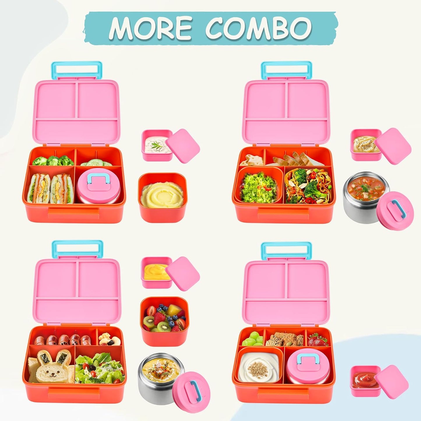 Bento Lunch Box for Kids with 8oz Soup Thermo Leak-Proof Lunch Food Containers with Snack Sauce Container for Kid Girls Boys to School (Pink Mermaid)