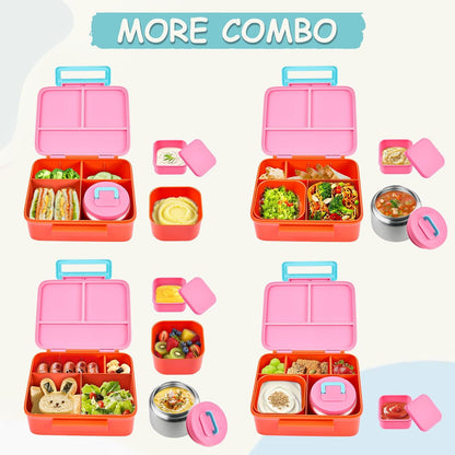 Bento Lunch Box for Kids with 8oz Soup Thermo Leak-Proof Lunch Food Containers with Snack Sauce Container for Kid Girls Boys to School (Pink Mermaid)