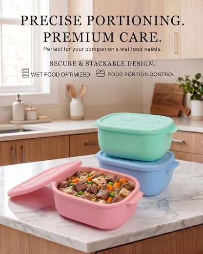 2ME Airtight Pet Wet Food Storage Containers with Lids (4-Pack, 12oz) - Silicone Meal Prep Kit for Dog & Cat Food - Freezer, Microwave & Dishwasher Safe - with Stainless Steel Scoop